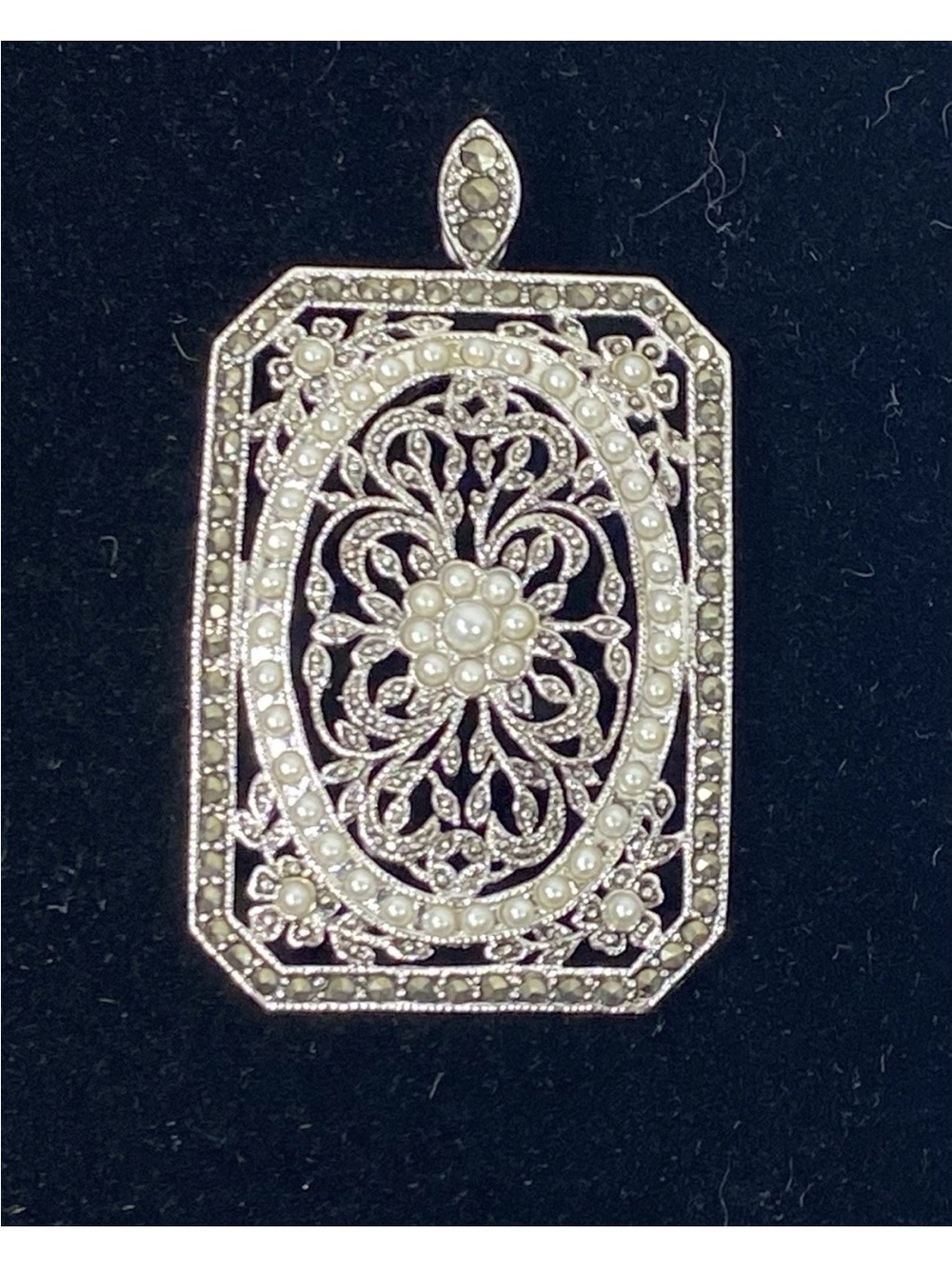 Vintage Sterling Silver Seed Pearl &Marcasite Filigree Pendant Edwardian Style